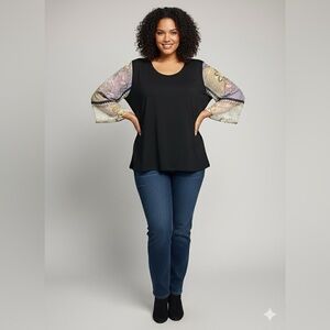 Johnny Was Calme Black Cotton Silk Sleeve Top sz L